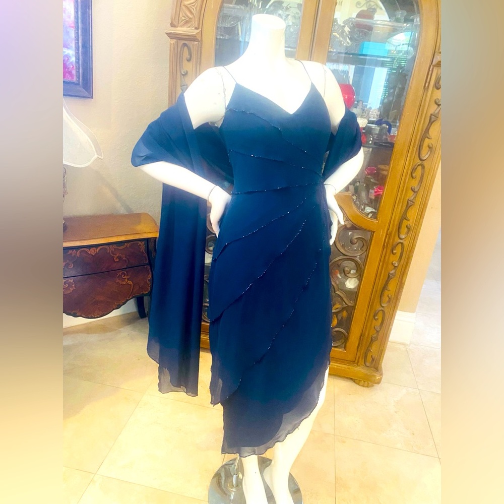 Vintage Tallulah England Navy Silk Beaded Dress & Scarf Sz 4